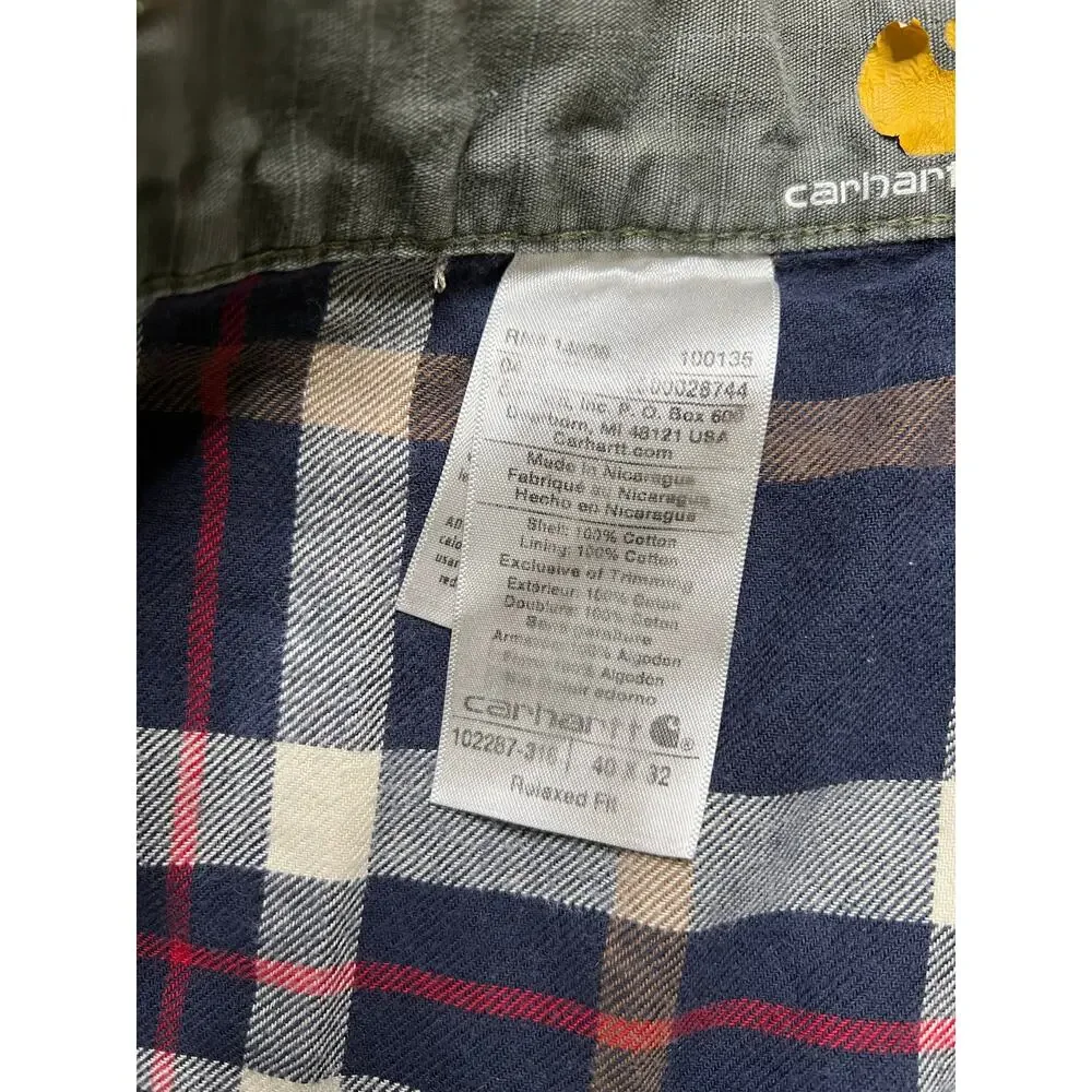 Vintage Carhartt Green Ripstop‎ Cargo Double Knee flannel-lined Actual Sz 38x30
